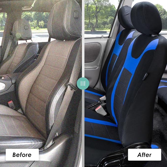 FH Group Car Seat Covers Universal Fit Full Set Interior Accessories, Sports Blue Seat Covers with Airbag and Split Rear Automotive Combo Vinyl Floor Mats Seat Covers for Cars Vans Trucks and SUV