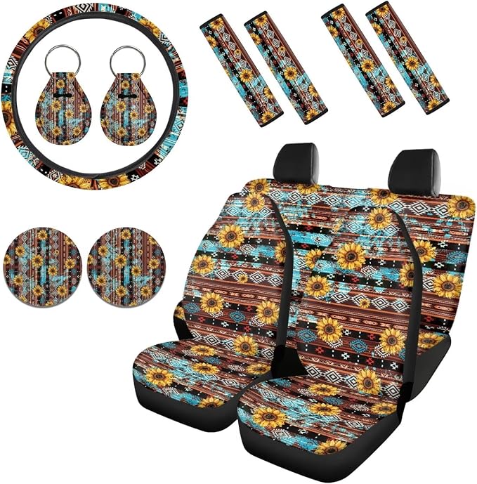 Howilath Western Aztec Tribal Sunflower Car Seat Cushion Cover Interior Accessories with Steering Wheel Covers+Seat Belt Cover Pad+Keychains+Cup Coasters Fit Most Vehicle - 13 Piece