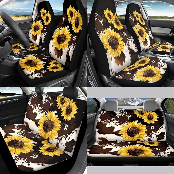 Sunflower Cow Print 12 Pack Car Accessories Set with Car Seat Covers Full Set Steering Wheel Cover Center Console Cover Auto Seat Belt Cover Gear Lever Cover Fit for Cars SUV