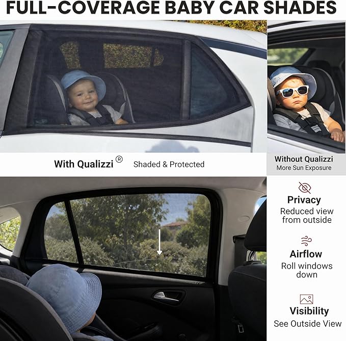 M/Car Window Sun Shades for Baby (9 Sizes) - Back Seat Stretchy Mesh Sock Style Heat Blockers for Side Windows, Protects from Sun, Bugs, UV & Ensures Privacy, 2-Pack by Qualizzi