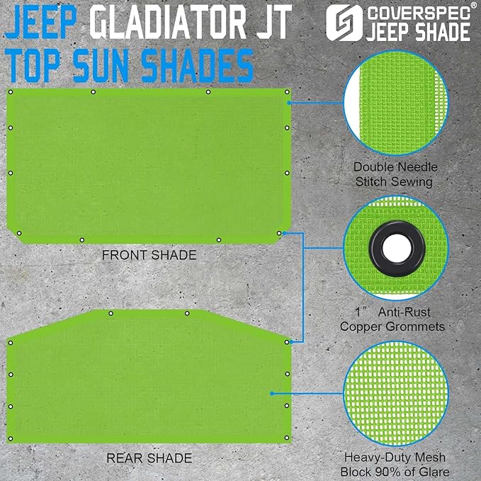 JT Top Sun Shade Roof Compatible with Jeep Gladiator 4 Door 2018 to 2023 Sunshade Sunroof Bikini Cover Blocks UV Wind Noise Green Mesh for Front and Rear 2 pcs