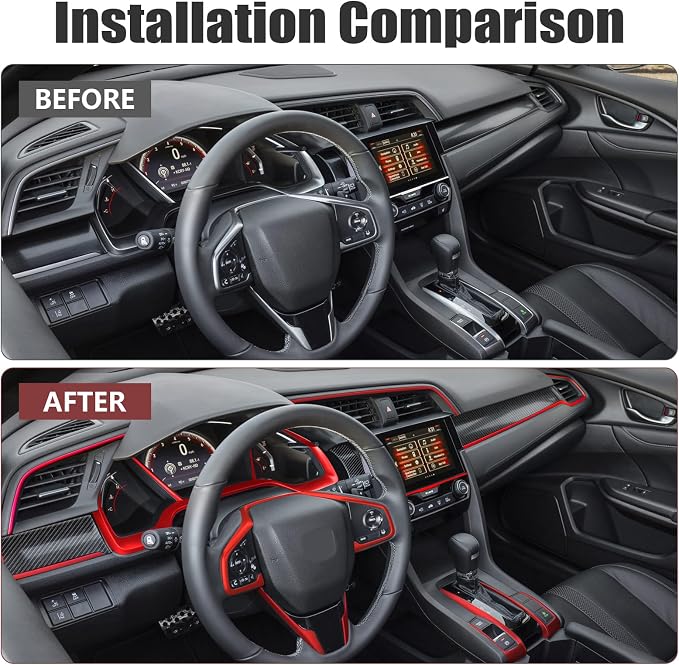 Interior Trim Kit for Honda 10th Civic 2016-2021 Red Instrument Central Control Gear Shift Panel Cover Trim