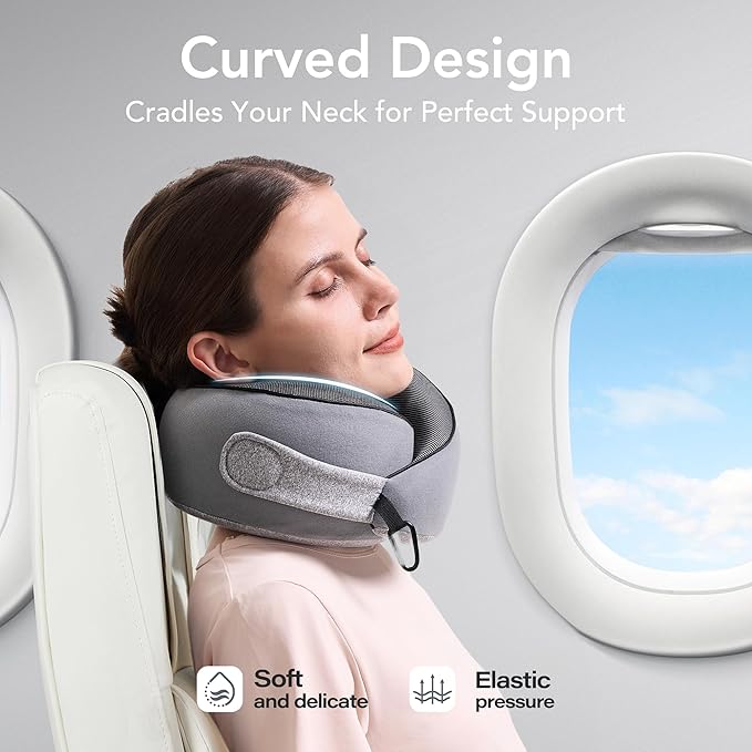 KPNEOL Travel Pillow, 100% Pure Memory Foam Travel Neck Pillow Airplane Neck Support Ergonomic Design for Traveling Suitable for Airplanes,Offices and Cars-Gray