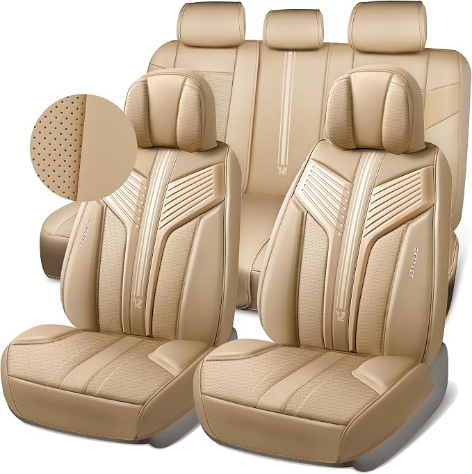 CAR PASS Nappa Leather Seat Covers, Breathable Waterproof Car Seat Covers Full Set, Luxury 3D Sponge Support Full Coverage Seat Protector, Universal Fit SUV Pick-up Truck Sedan Automotive All Beige