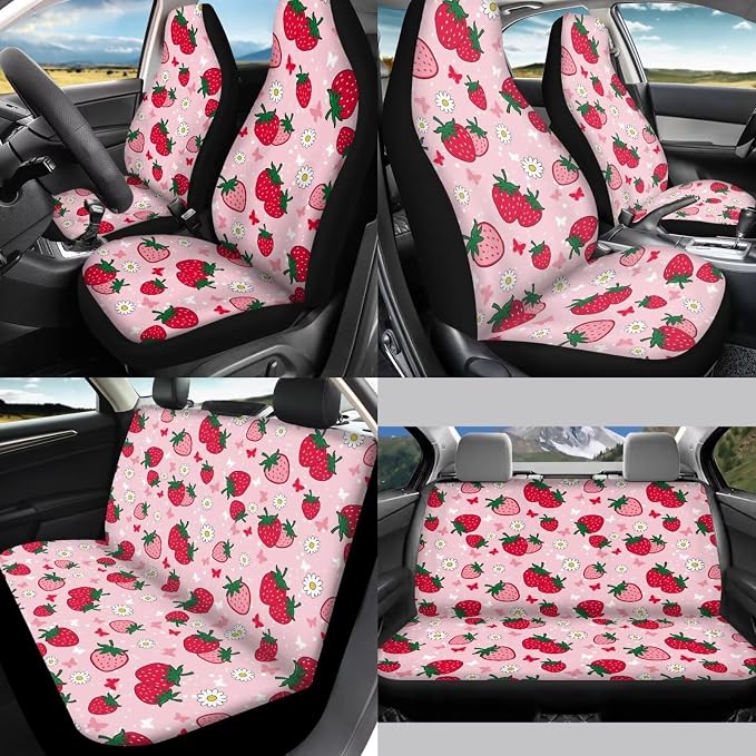 Cute Strawberry 12 Pieces Car Seat Covers Sets Steering Wheel Cover Steering Wheel Cover Car Console Covers Cars Seat Belt Cover Personalized for Most Cars, SUVs