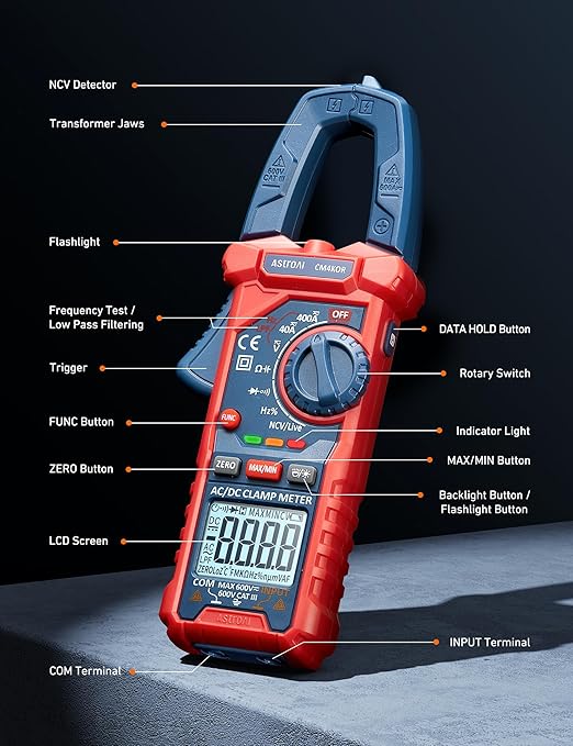 AstroAI Digital Clamp Meter Multimeter 4000 Counts Auto-ranging Amp Tester Measuring AC/DC Voltage & Current, Resistance, Capacitance, Frequency, Continuity, Live Wire Test, NCV Detection, Blue