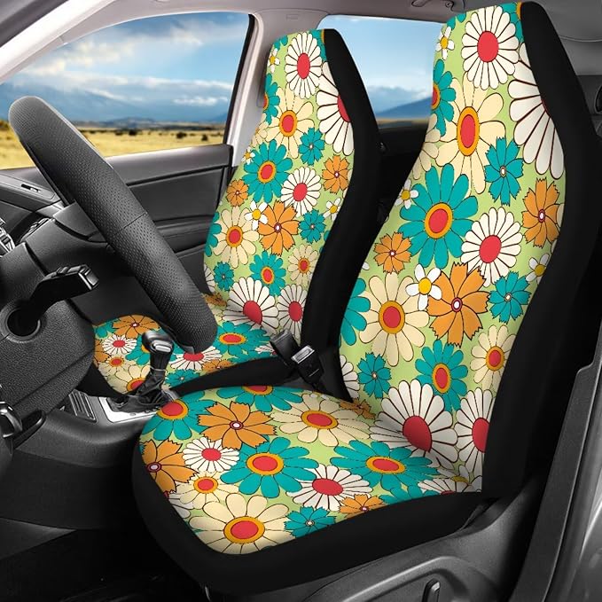 Colorful Daisy Car Accessories Set 17 Pack,Rose Car Seat Covers Full Set with Front and Rear,Car Floor Protector Pads,Steering Wheel Covers,Seat Belt Cover,Lipstick Holder Keychain