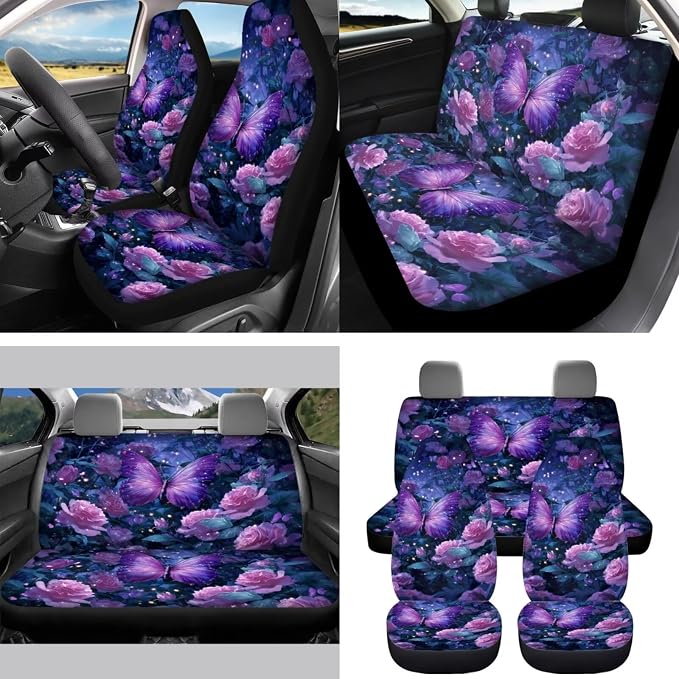 Purple Rose Butterfly 15 PCS Car Seat Cover Set with Auto Steering Wheel Cover Seat Belt Strap Protector Cup Holder Trash Bag Rear View Mirror Protector Keychain