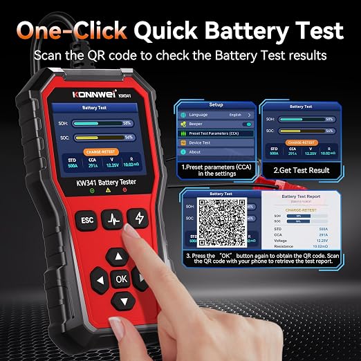 KONNWEI KW341 Car Battery Tester 6V 12V 24V Automotive Battery Load Tester Digital Battery Analyzer for Motorcycle Car Truck, Test SOH SOC CCA Resistance Voltage, Cranking Charging System Print