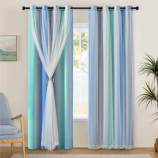 XiDi Blue Green Grey Blackout Curtains 63 Inches Long for Living Room Bedroom 2 Panels Double Layer Curtains Rainbow Kids Grommet Window Drapes for Nursery Princess Unicorn Wall Decals 52 Inches Wide
