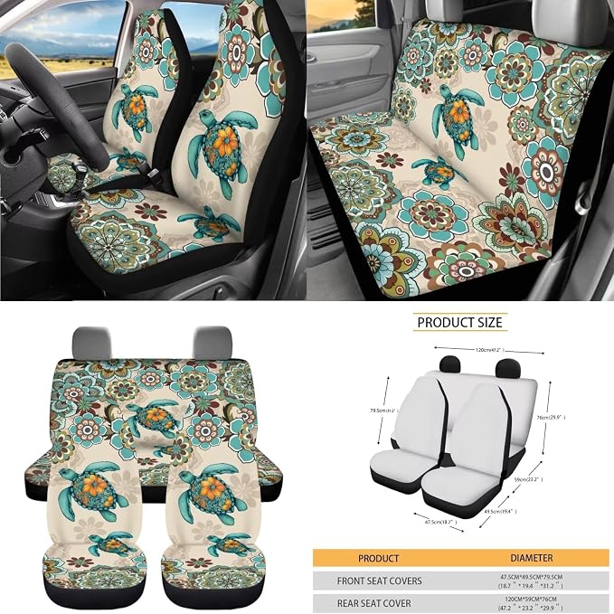 Dreaweet Sea Turtle Seat Covers for Cars Full Set 15 Pcs Universal Boho Steering Wheel Cover Seat Belt Pads Car Coasters Trash Bag Air Vent Storage Pouch Rear View Mirror Cover Keychain
