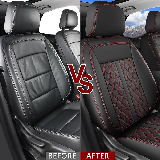 Huidasource 2Pcs Seat Covers for Nissan Titan/Titan XD 2016-2024, Full Coverage Seat Covers for Titan Titan XD SV PRO-4X SL Platinum Reserve Pickup Leather Car Seat Covers (Front Pair/Black&Red)