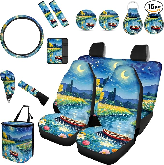 Forchrinse Blossom Lake Moon Night Car Seat Cover for Women 15Pcs Auto Interior Set with Steering Wheel Cover+Seatbelt Pads+Coaster++Auto Trash Can for Most Vehicles