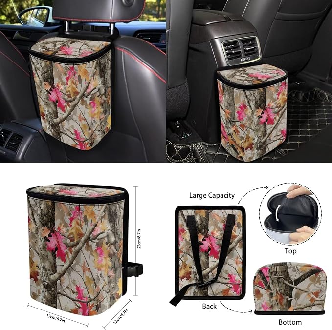Camo Maple Leaf Car Seat Covers Set of 15 with Universal Steering Wheel Cover, Rearview Mirror Cover, Car Trash Can, Seatbelt Pads, Cup Holder Coasters, Keychains