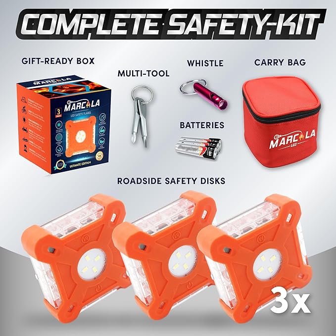 MARCALA Emergency Lights for Vehicles 3-Pack | LED Road Flares | Flares Emergency Road | LED Emergency Flares Include Batteries, Case, Whistle and are Stronger, Brighter & Better than round LED Flares