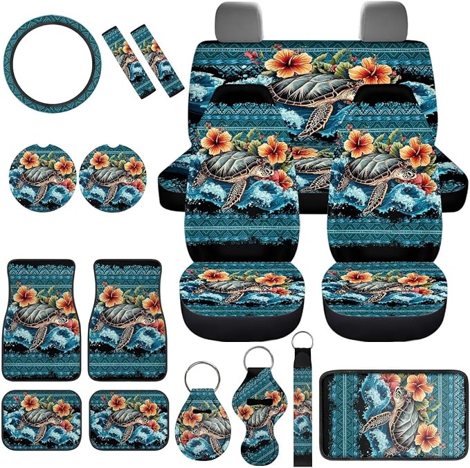 Sea Turtle Car Aaccessories Full Set of 17Pcs,Aztec Sea Turtle Car Seat Covers Set with Car Pass Rubber Floor Mats,Seat Belt Shoulder Pad,Steering Wheel Car Covers,Keychain Wristlet for Women