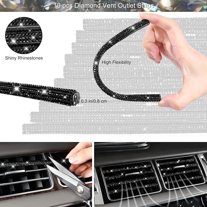 CAR PASS 30 PCS Bling Car Accessories Set for Women, Bling Steering Wheel Covers 15 Inch, Shining Rhinestone License Plate Frame, Sparkly Diamond Phone Holder, Car Mats Full Set, Black