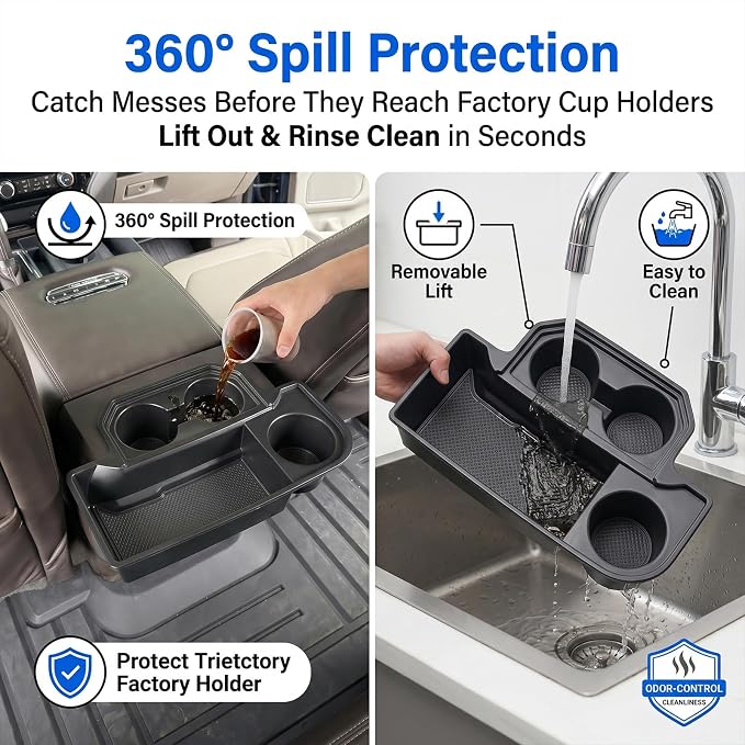 Rear Console Cup Holder Fits for 2015-2020 Ford F150 Bucket Seats Behind Armrest Tray Console Organizer Rear Cup Insert Compatible with F150 Interior Accessories Back Center Console Storage