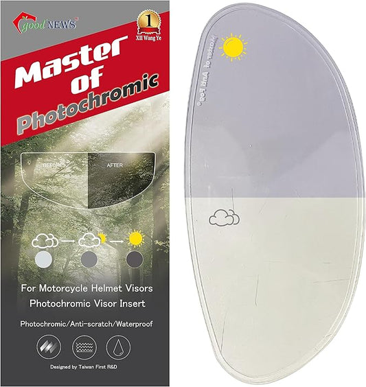 XII WY Motorcycle 3/4 open face Helmet Shield Insert - Photochromic Anti-Fog Film, Transitional Visor, Clear to Indigo Tint, Sun-Responsive, Transparent Indoors