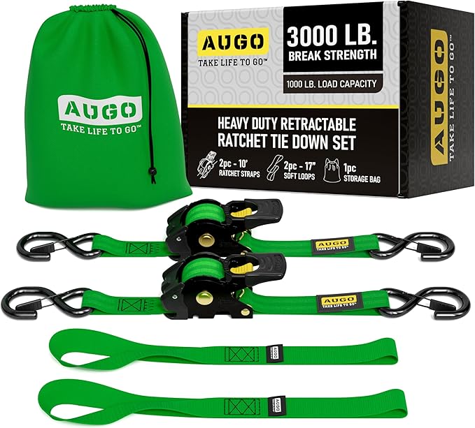 AUGO Retractable Ratchet Straps | 2 Heavy Duty Ratchet Straps Self Retractable Tie Downs with Soft Loops & Storage Bag for Motorcycle, Truck, Trailer, Cargo Van | 3000 Lb Break Strength 2” x 10’