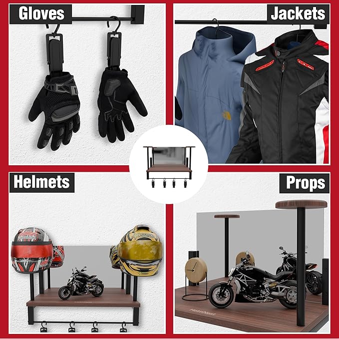 Motorcycle Helmet Holder Wall Mount with Mirror, Rustic Helmet Rack & Gear Hooks, Helmet Hanger Wall Mount for Gloves, Keys & Accessories, Wood & Metal Helmet Display Organizer for Entryways/Garages