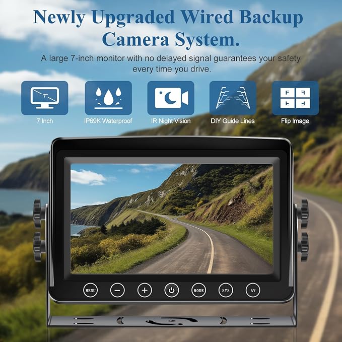 Wired Reverse Rear View Backup Camera 7" 1080P AHD Monitor, IP69K No Water Leakage Camera, Night Vision, Vibration-Proof 10G for Excavator/Tractor/Truck/Caravan/Skid Steer/Heavy Equipment BX71