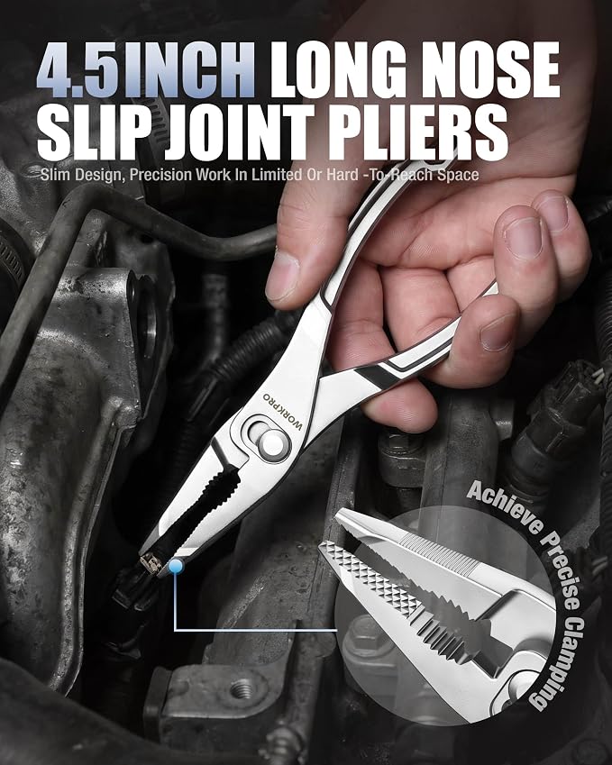WORKPRO 3-Piece Mini Pliers Set with Pouch, 4-Inch Slip Joint Plier & 4-Inch Water Pump Plier & 4.5-Inch Long Nose Slip Joint Plier, High-Toughness Pocket Pliers for Tight Spaces & Versatile Use