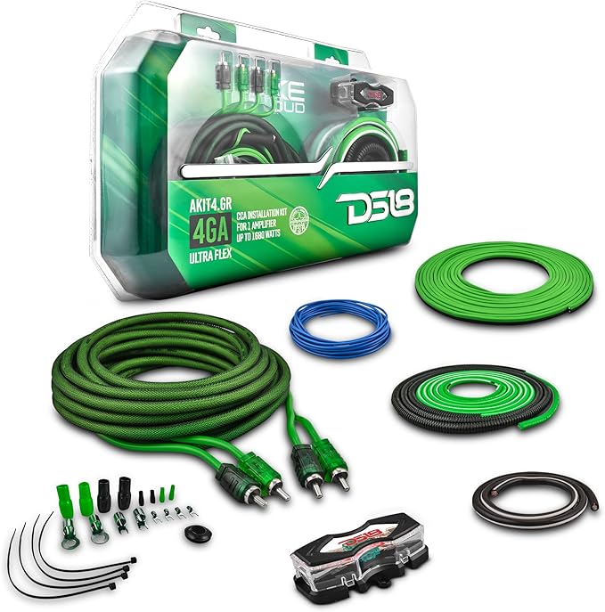 DS18 AKIT4.GR 4-GA Amplifier Installation Kit Up to 1680 Watts RMS, Mini-ANL Fuse Holder, Speaker & RCA Cables, CCA Amplifier Wiring Kit, Ultra Flex Wire, Amp Wire Kit, Amp Wiring Kit 4 Gauge - Green