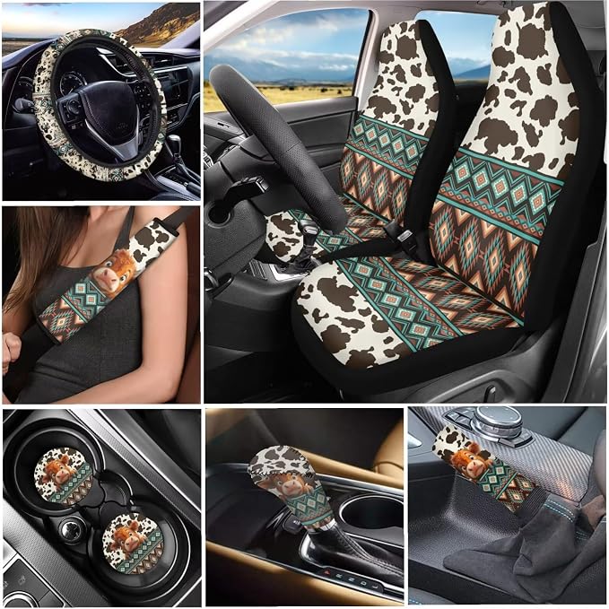 Tupalatus Boho Cow Print 9 Pcs Car Seat Covers Front Set Fashion Steering Wheel Protector Seat Belt Pads Cover Shift Cover Hand Brake Cover Cup Coasters Fit for Most Car SUV