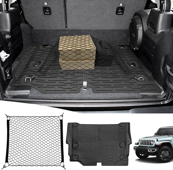 Cargo Mat & Trunk Net for 2021-2024 Jeep Wrangler JL 4XE Trunk Liners with Cargo Net All Weather Protection Anti-Slip Rear Mesh Cargo Netting for 21-24 Wrangler JL 4XE 4 Door Accessories