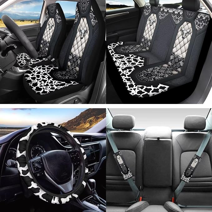 Lotusorchid Cow Print Seat Covers for Cars Full Set of 16, Washable Front and Rear Split Bench Seat Cover and Steering Wheel Cover, Decorative Automobile Interior Set for Men Women