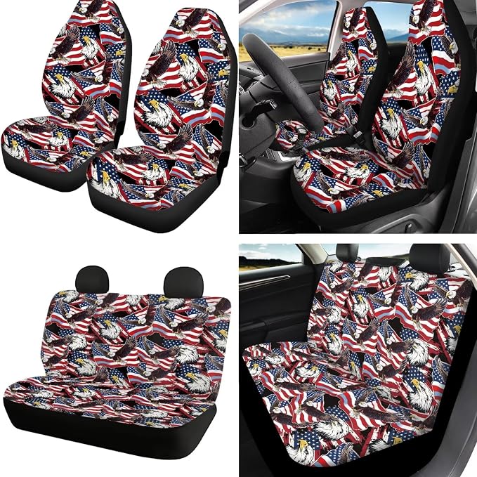 250 Years Full Set Car Seat Covers American Flag Eagle Print Car Front and Rear Seat Covers with Interior Decor Accessories for Truck Sedan SUV, Easy to Install