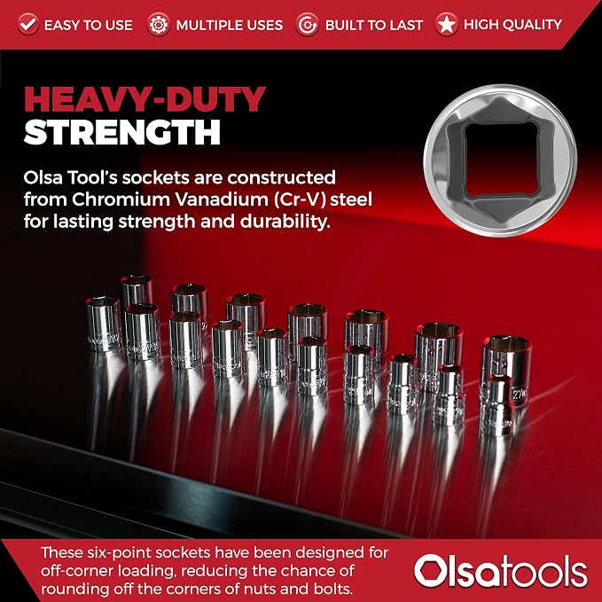 Olsa Tools Metric Shallow Socket Set - 1/2-Inch Drive, 18pc - 6-Point Chrome Sockets from 10mm–27mm and No Skipped Sizes - Mechanic Shallow Metric Socket Set - Professional Grade Sockets - Part: 1326