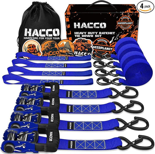 HACCOPLANET Ratchet Straps, 5280lb Break Strengeth, 1.6" Heavy Duty Ratchet Tie Down Strap Set w/Padded Handle, S Hook, Soft Loop for UTV Motorcycle Truck Cargo Straps (Blue, 16FT)