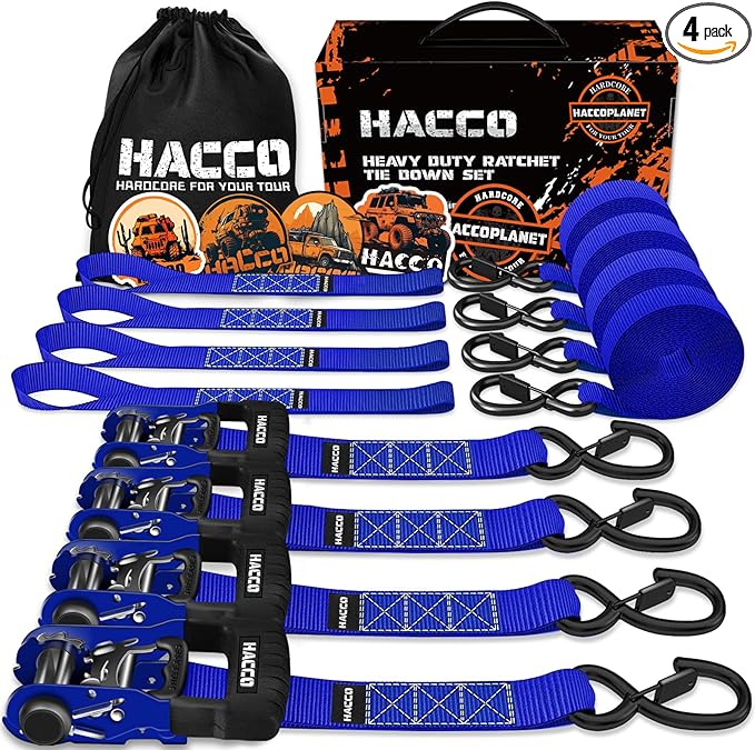 HACCOPLANET Ratchet Straps, 5280lb Break Strengeth, 1.6" Heavy Duty Ratchet Tie Down Strap Set w/Padded Handle, S Hook, Soft Loop for UTV Motorcycle Truck Cargo Straps (Blue, 8FT)
