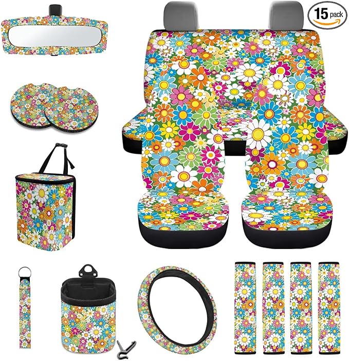 15Pcs Car Seat Cover Full Set Car Steering Wheel Cover Seat Belt Cover Trash Bin Air Vent Storage Box Front Rear View Mirror Car Cup Holder Keychain, Vibrant Hippie Flower