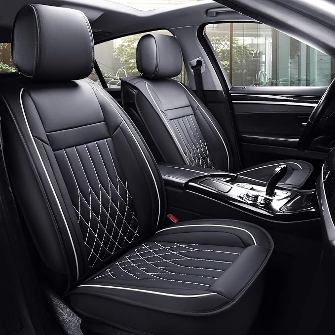 Aierxuan Front Car Seat Covers Universal Fit for Honda Civic Accord, Toyota Camry Prius Rav4 Corolla, Kia, Lexus, Nissan, Mazda, Jeep Cherokee and Most Cars, with Waterproof Leather (Black and White)