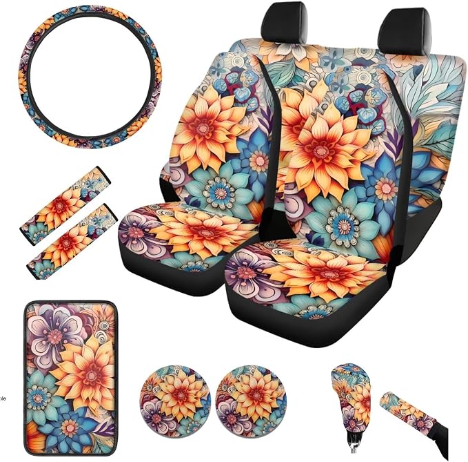 BIGCARJOB 12 Pcs Boho Lotus Car Seat Set Universal Interior Accessories Full Set for Women Car Front Rear Seat Protector,Seat Belt Cover,Armrest Pads,Cup Holder Coaster