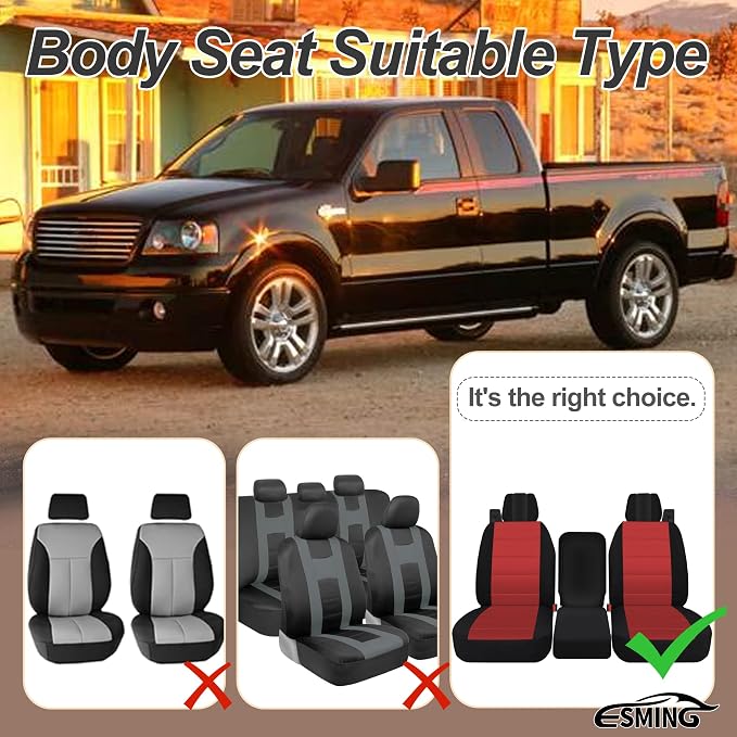 ESMING 40/20/40 Durable Oxford Fabric Front Split Bench Seat Covers for Ford F150 XL Standard Cab 2004 2005 2006 2007 2008 with Integrated Seatbelts & Solid Armrest-Red
