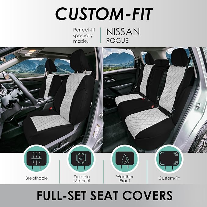 FH Group Custom-Fit Car Seat Covers Specifically Made for 2021-2026 Nissan Rogue, Full Set Gray Ultraflex Neoprene Waterproof Automotive Seat Cover