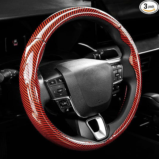 West Llama 3 Piece Carbon Fiber Steering Wheel Cover, 14.5-15 Inch 3 Pc Auto Car Steering Wheel Cover Universal Fit for 99% Cars, SUVs, Trucks(Glossy Red)