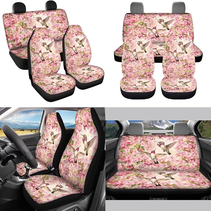 Hummingbird Flowers 13 Pack Car Seat Covers Full Set Steering Wheel Cover Seat Belt Cover Keychain Holder Armrest Cushion Protector Universal Fit Most Vehicles Cars SUV