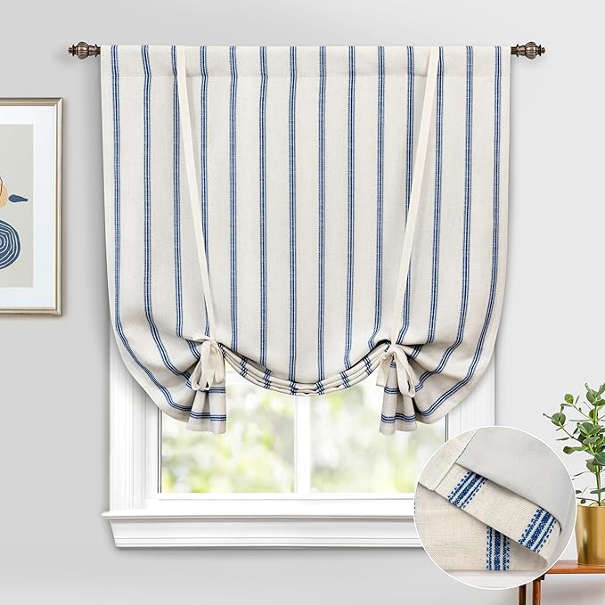 DriftAway Farmhouse Double Layer Linen Blackout Tie Up Curtains Thermal Insulated Vertical Striped Fully Lined Balloon Roman Shade Bathroom Window Adjustable Rod Pocket 45 Inch by 63 Inch Navy