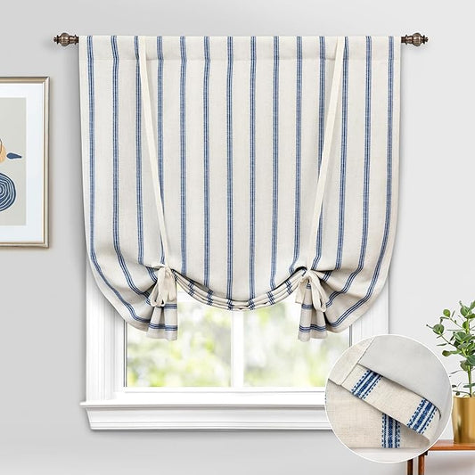DriftAway Farmhouse Double Layer Linen Blackout Tie Up Curtains Thermal Insulated Vertical Striped Fully Lined Balloon Roman Shade Bathroom Window Adjustable Rod Pocket 45 Inch by 63 Inch Navy