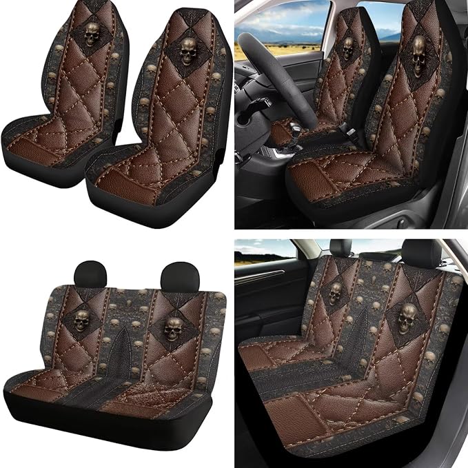 Skull Print Front Back Car Seat Cover with Steering Wheel Cover Headrest Covers Safety Belt Pad Center Console Pad Gear Lever and Hand Brake Covers Cup Cushions Key Chain