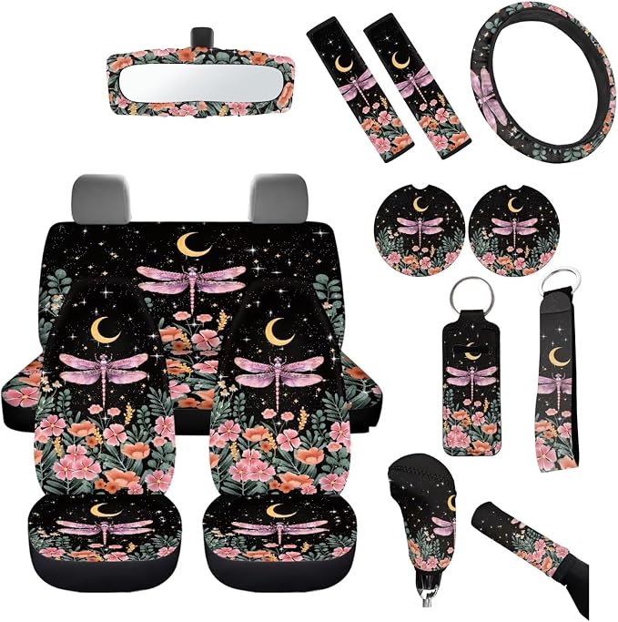 Cottagecore Dragonfly Car Seat Cover Set for Women Lady,Moon Flower Dragonfly Auto Steering Wheel Cover+Coasters+Keychains+Mirror Cover+Hand Break Gear Shift Knob Covers,14pcs Car Accessory