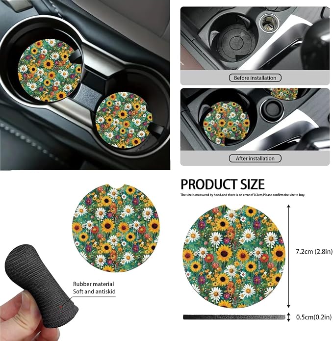 Oil Painting Sunflower Daisy Pattern Car Seat Covers Full Set Steering Wheel Cover Trash Can Air Vent Storage Bag Seatbelt Covers Rearview Mirror Cover Cup Coasters 15pcs Car Interior