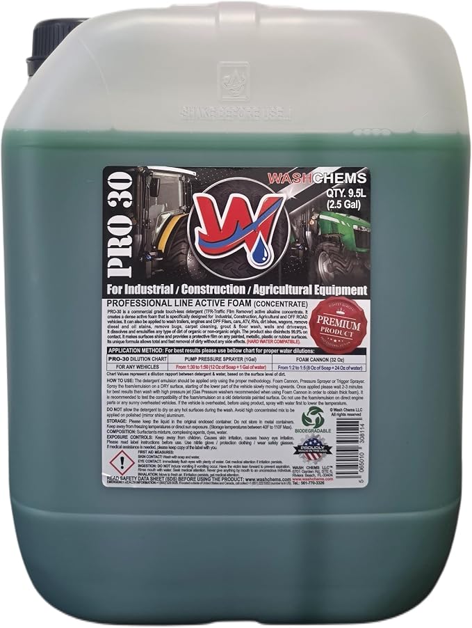 Wash Chems Pro 30 Touchless One Step Car Wash Detergent Soap - Highly Concentrated, makes up to 30 gal of Cleaner, No Brushing, Commercial Grade - Great for Trucks, RVs & Tractors.