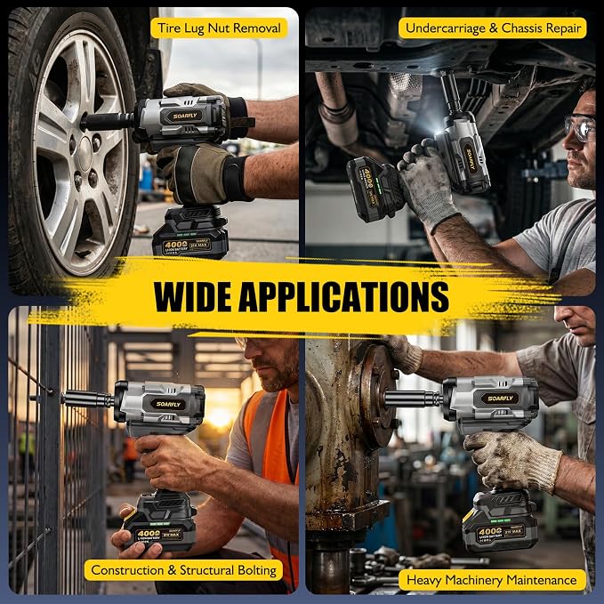 SOARFLY 1/2" Cordless Impact Wrench, 1500N.m (1106 Ft-Lbs) High Torque, 21V Brushless Impact Gun with 2x 4.0Ah Batteries, Variable Speed, LED Light, 5 Sockets for Truck RV Car Heavy Construction