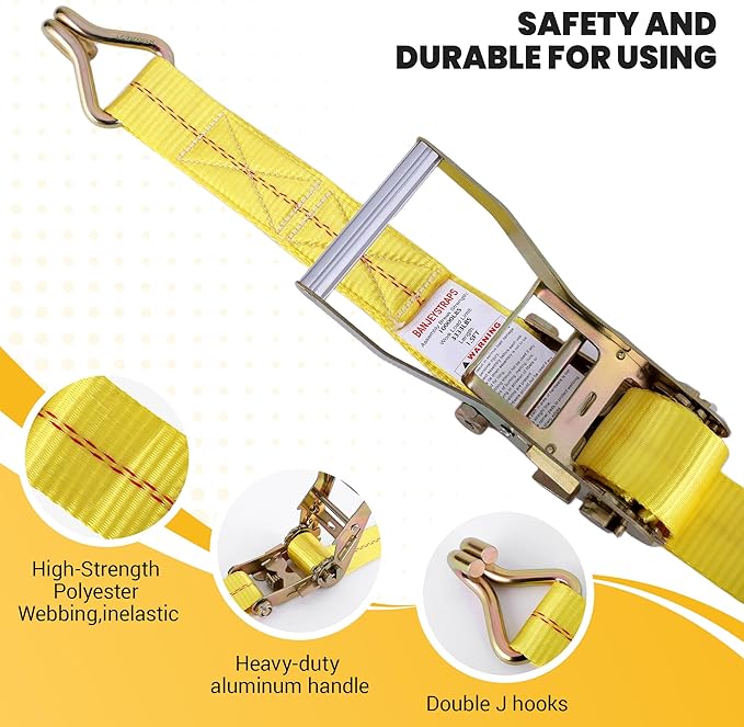 Heavy Duty 2" x 20' Ratchet Straps (4-Pack), 10,000 lbs Break Strength, High Visibility Yellow Tie Down Straps with Locking J-Hooks for Trailers, Trucks, Heavy Equipment, and Moving Appliances